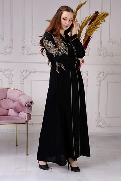 Marwa Fashion Abayas for Women Muslim - Comfortable Arabic Abaya Made from Nada Dubai/Forsan Silk with Beautiful Embroidery - Long Prayer Dress That Will Cover Your Complete Body Black-Gold