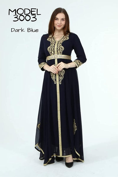 Marwa Fashion Kaftan Women Dresses - Long Arabic Kaftans for Women with Traditional Embroidery - Comfortable and Stylish Kaftan Made from Luxurious Chiffon Crepe Fabric Dark Blue