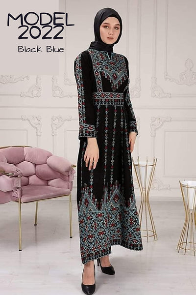 Marwa Fashion Designer Palestinian Thobe - Full Sleeve Embroidered Palestine Thoub - Arabic Dress for Muslim Women & Girls Black Blue