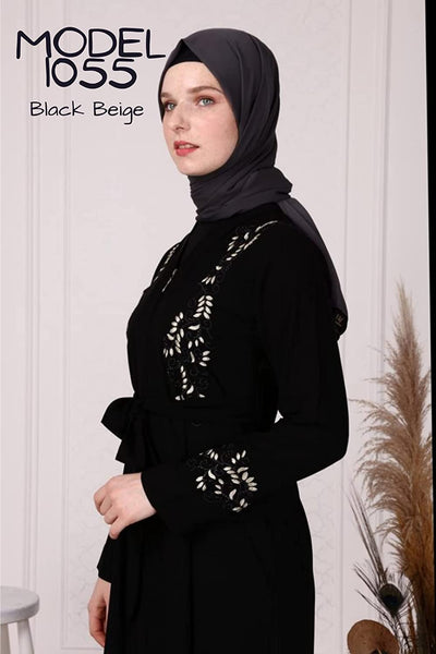 Marwa Fashion Abayas for Women Muslim - Comfortable Arabic Abaya Made from Nada Dubai/Forsan Silk with Beautiful Embroidery - Long Prayer Dress That Will Cover Your Complete Body Black-Beige