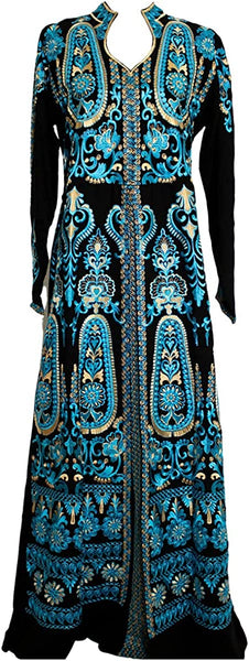 Marwa Fashion Palestinian Thobe / Dress for Women / Embroidery Model # 110 (Black and Blue, Large)